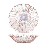 Mariko Flower Glass Bowl 31cm in pink, shown from top and side views with ruffled petal-shaped rim and beaded textured centre, on a plain white background.