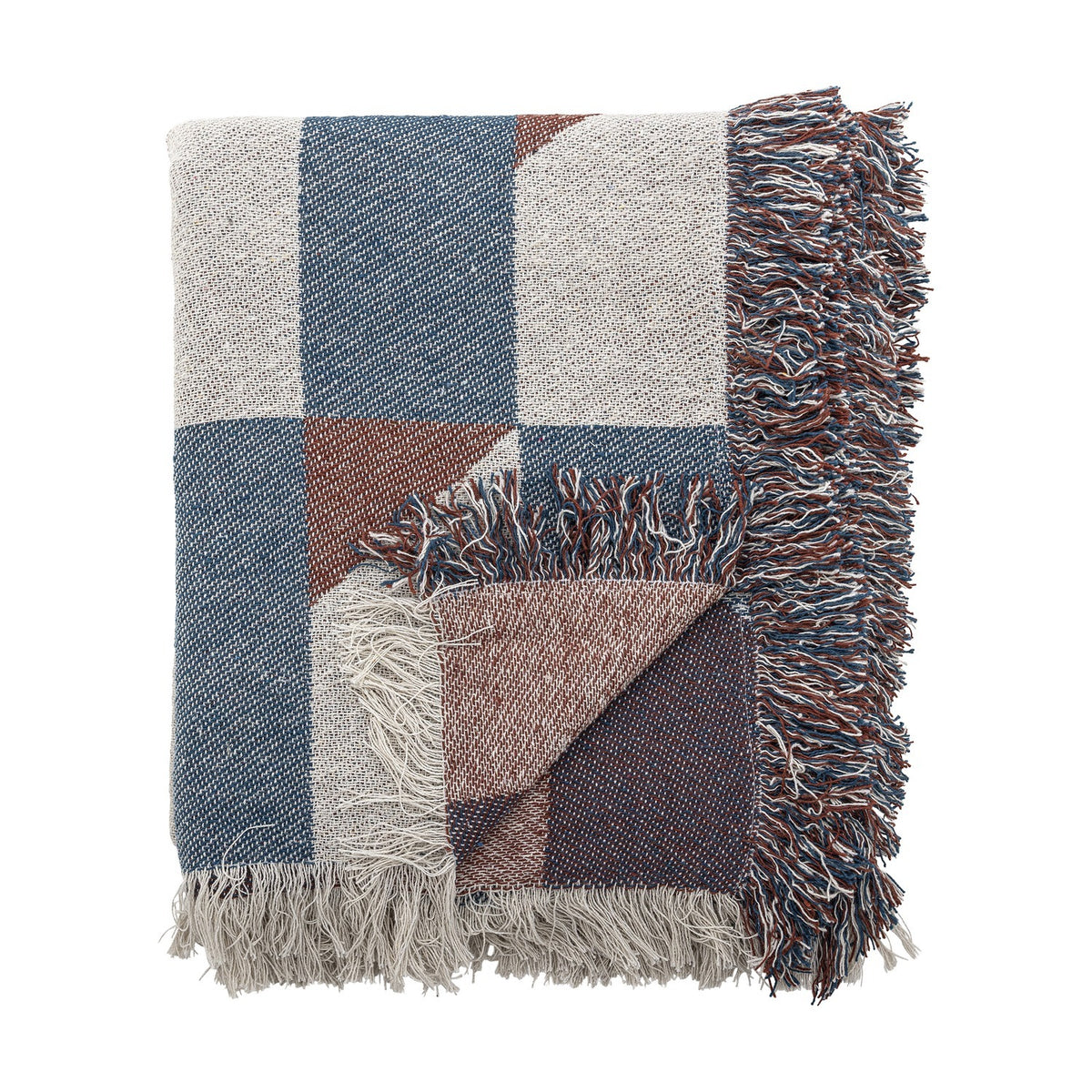 Folded True Checked Cotton Throw in multicoloured blue, rust and cream block check with thick shaggy fringe, shown against a plain white background.