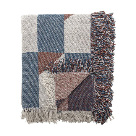 Folded True Checked Cotton Throw in multicoloured blue, rust and cream block check with thick shaggy fringe, shown against a plain white background.