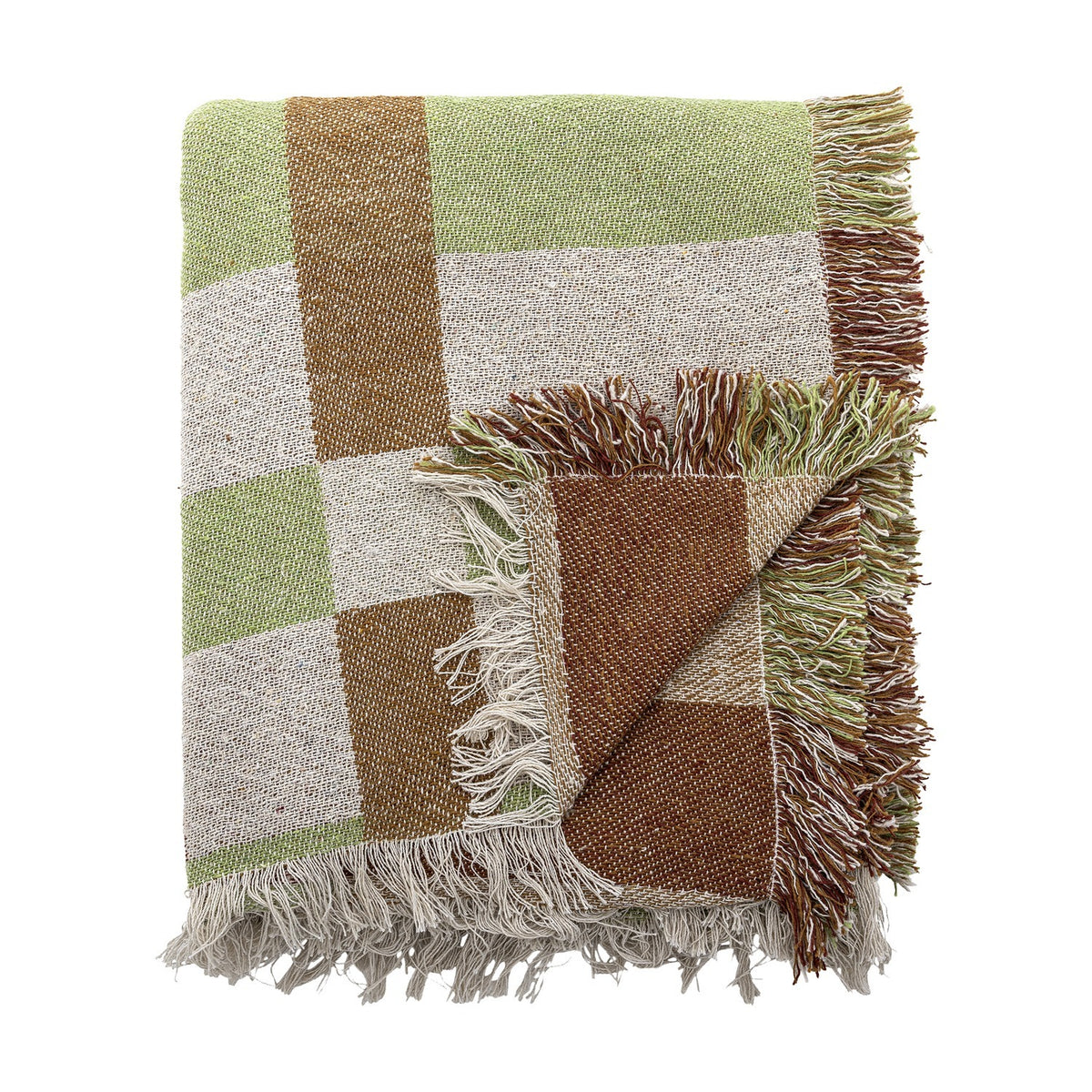Galvin Checked Cotton Throw in green, brown and cream block check with long knotted fringe, partly folded to show both sides, on a white background.