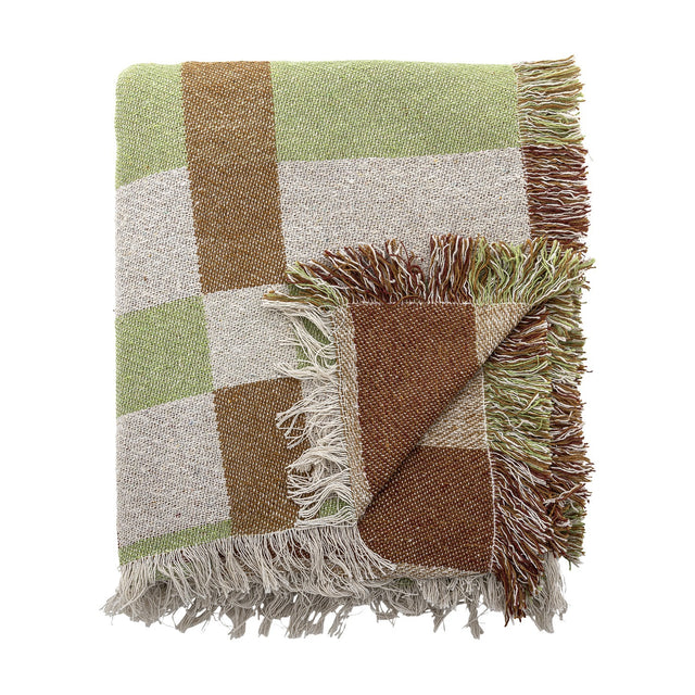 Galvin Checked Cotton Throw in green, brown and cream block check with long knotted fringe, partly folded to show both sides, on a white background.