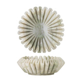 Harmonia Fluted Marble Bowl 17.5cm in white, shown from above and in profile, with deep radial flutes and a pleated wavy rim, polished finish, on a plain white background.