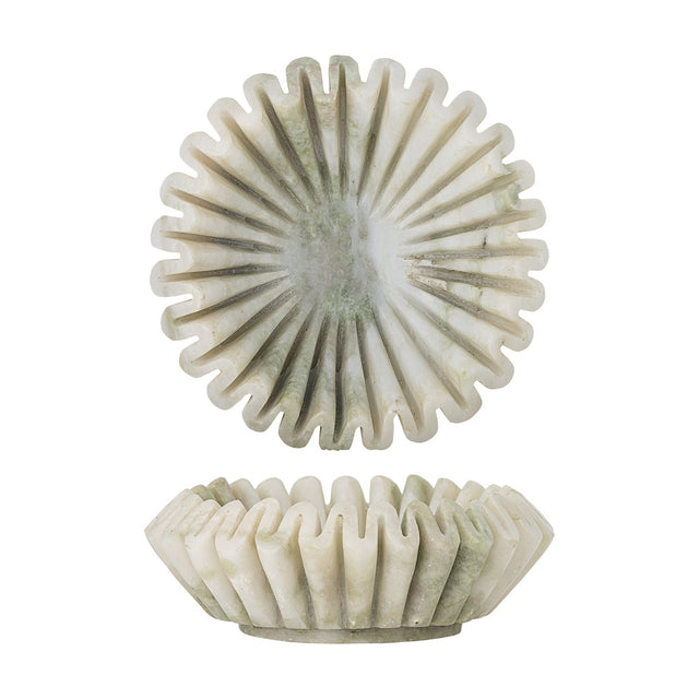 Harmonia Fluted Marble Bowl 17.5cm in white, shown from above and in profile, with deep radial flutes and a pleated wavy rim, polished finish, on a plain white background.