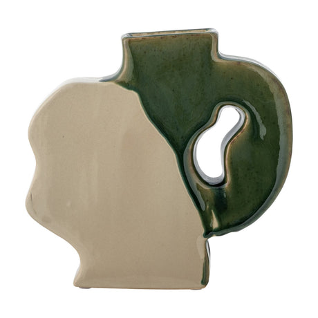 River Crackle Stoneware Vase 20cm in Green, a flat, cut-out style design with a wavy beige side and a glossy green crackle-glazed neck and loop handle, shown on a plain white background.