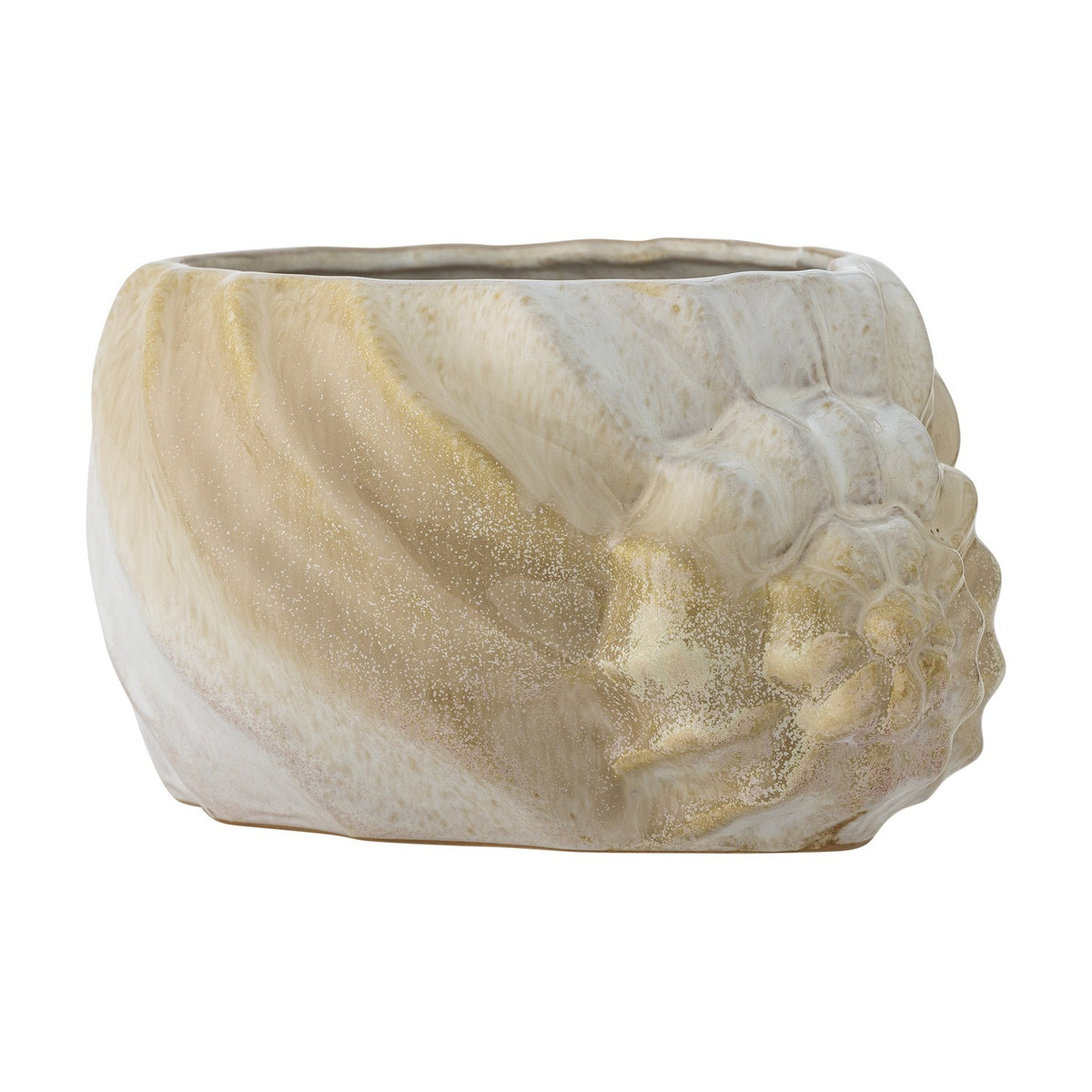 Corelia Shell Stoneware Plant Pot in beige, a low wide ceramic planter shaped like a seashell with a spiral whorl and ribbed body, shown on a plain white background.
