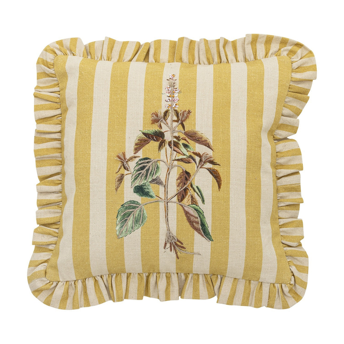 Camila Striped Cotton Cushion in yellow and cream stripes with an embroidered botanical leaf and flower design, finished with a matching ruffled edge, shown on a white background.