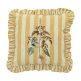 Camila Striped Cotton Cushion in yellow and cream stripes with an embroidered botanical leaf and flower design, finished with a matching ruffled edge, shown on a white background.