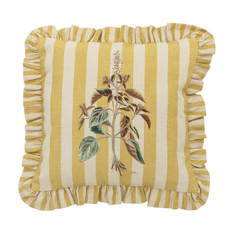 Camila Striped Cotton Cushion in yellow and cream stripes with an embroidered botanical leaf and flower design, finished with a matching ruffled edge, shown on a white background.