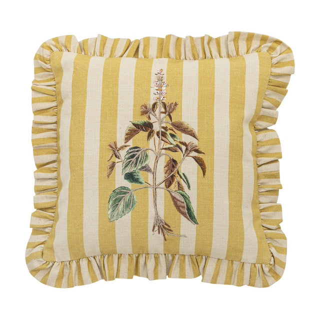 Camila Striped Cotton Cushion in yellow and cream stripes with an embroidered botanical leaf and flower design, finished with a matching ruffled edge, shown on a white background.