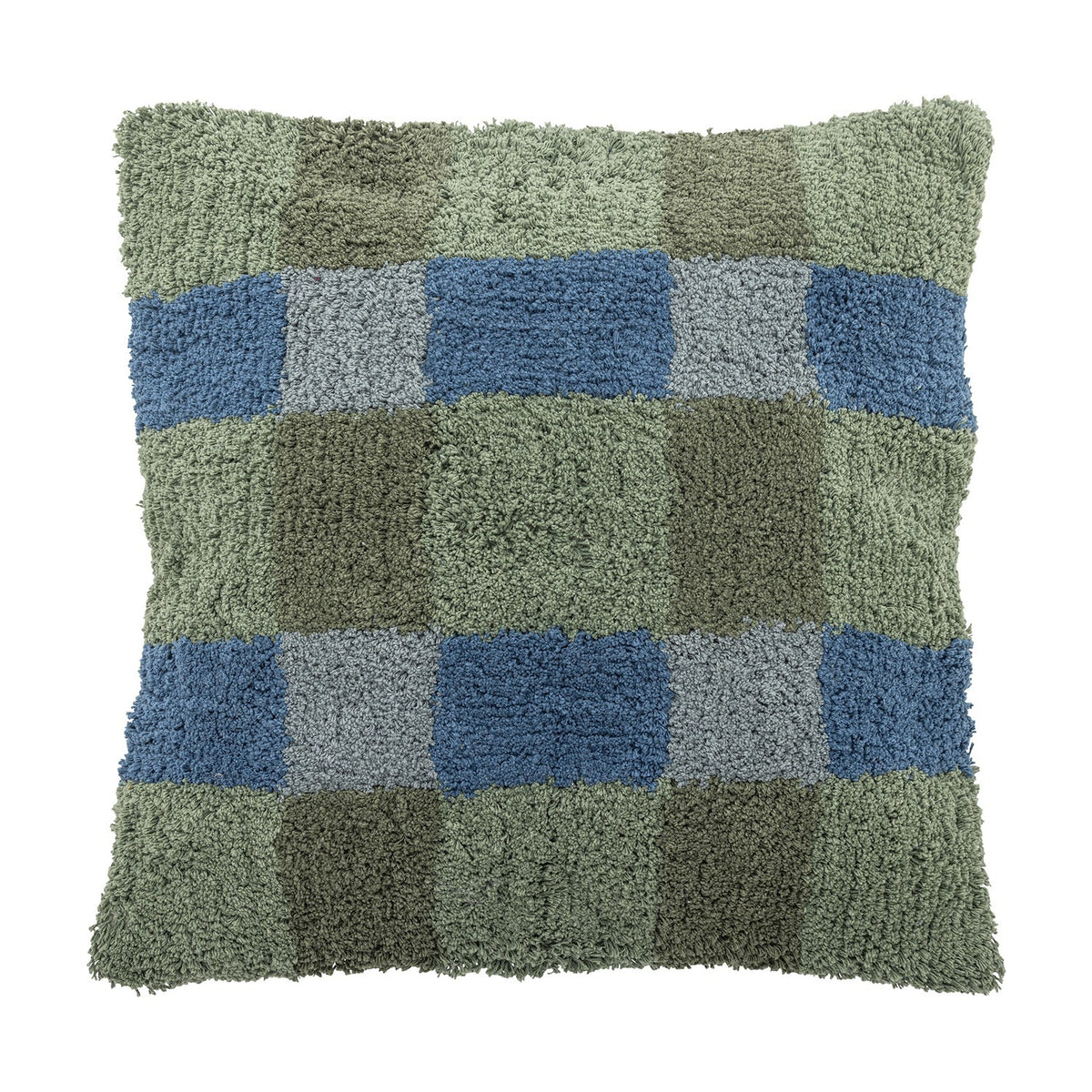 Pil Cotton Cushion in Green, a square tufted cushion with a looped check pattern in green and blue tones, shown on a plain white background.