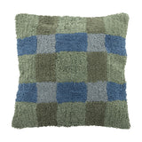 Pil Cotton Cushion in Green, a square tufted cushion with a looped check pattern in green and blue tones, shown on a plain white background.