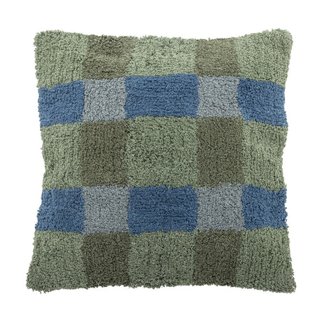 Pil Cotton Cushion in Green, a square tufted cushion with a looped check pattern in green and blue tones, shown on a plain white background.