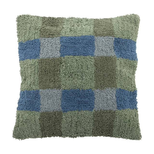 Pil Cotton Cushion in Green, a square tufted cushion with a looped check pattern in green and blue tones, shown on a plain white background.