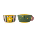 Haisy stoneware bowls, 12cm set of 2, one with green and pink stripes and a raised yellow flower, the other green with yellow dots and a pink rim flower, shown on a white background.