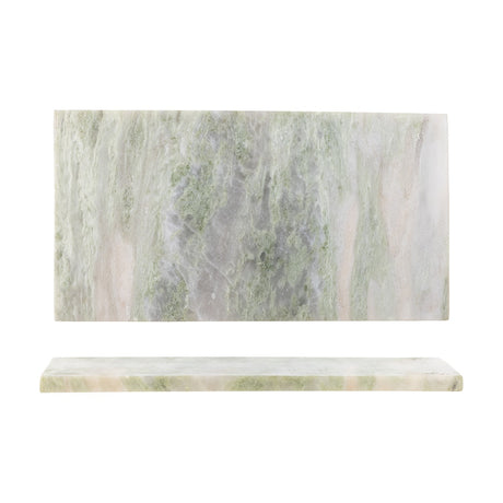 Keika Marble Chopping Board in Green, a rectangular polished marble slab with green veining, shown flat and upright on a plain white background.