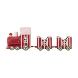 Gloria Striped Ceramic Christmas Decoration in red: a hand-painted dolomite train with a chimney, cab with cut-out windows, and two open wagons with green wheels, shown on a white background.