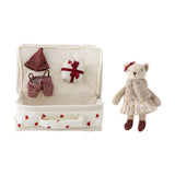 Lara Cotton Rag Doll with Heart Suitcase, a bear-eared fabric doll in bow, fluffy waistcoat and heart-print skirt, beside a heart-patterned case with knitted shorts, hat and wrapped accessory.