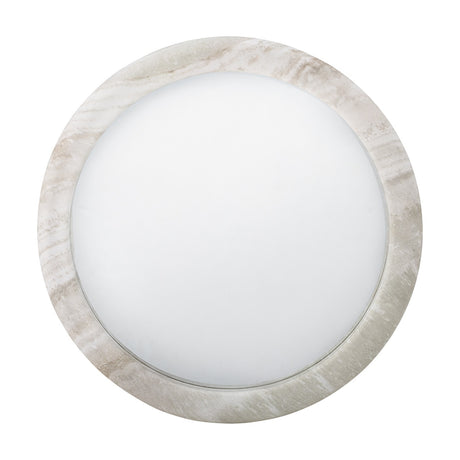 Vaka round wall mirror, 50cm, with a broad marbled beige polyresin frame resembling stone, set on a plain white background.