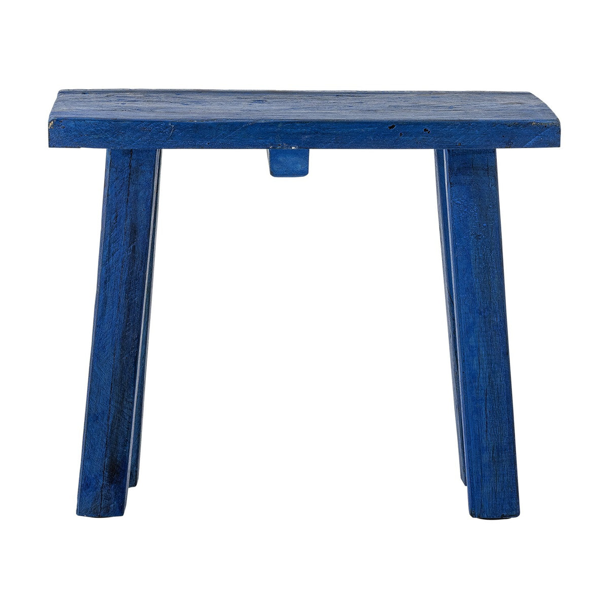 Porir Wooden Pedestal in blue, a small rustic stool-like stand with a rectangular top on four splayed legs, reclaimed wood with painted finish, shown on a plain white background.