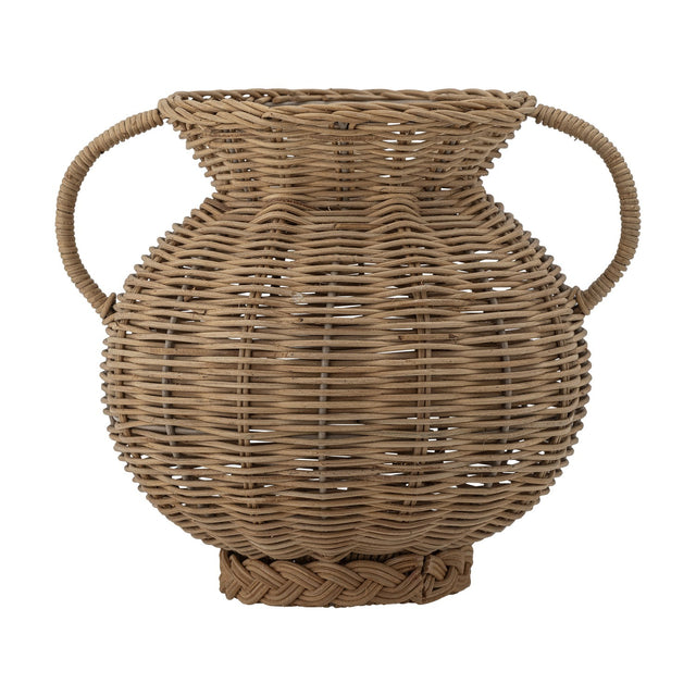 Uni Vase 25.5cm in Brown, a round two-handled woven rattan urn with a flared rim and braided base, shown on a plain white background.