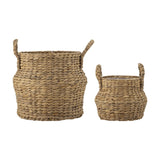 Bjorn Water Hyacinth Baskets Set of 2 in natural braided finish, round bodies with narrow necks and two woven handles each, shown in different sizes on a plain white background.