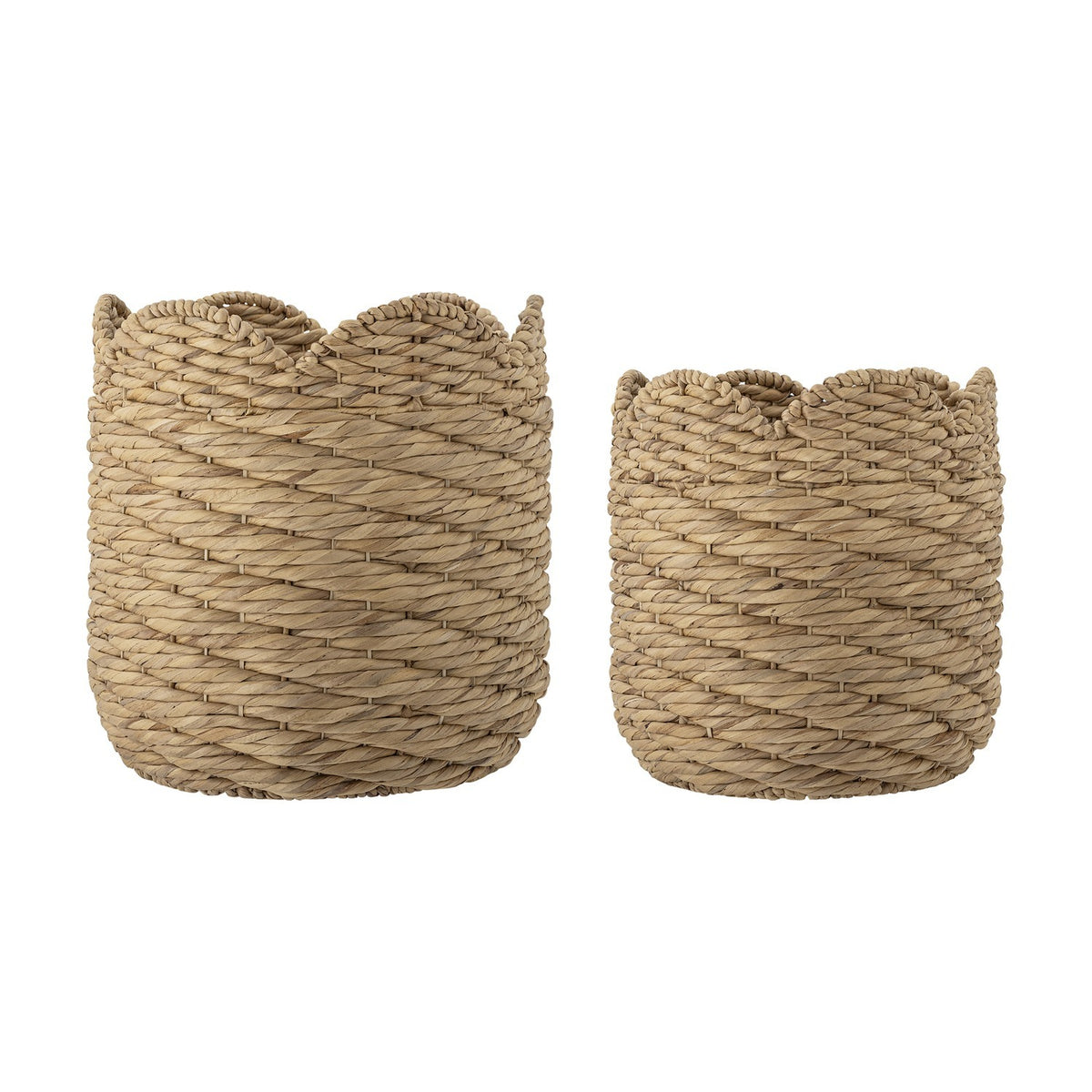 Liam Water Hyacinth Baskets Set of 2 in natural braided wicker with scalloped rims, shown in two sizes against a plain white background.