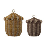 Set of two Cikkeline striped seagrass storage baskets with pointed, scalloped lids and woven lift loops, in mustard-grey and brown-grey, on a white background.
