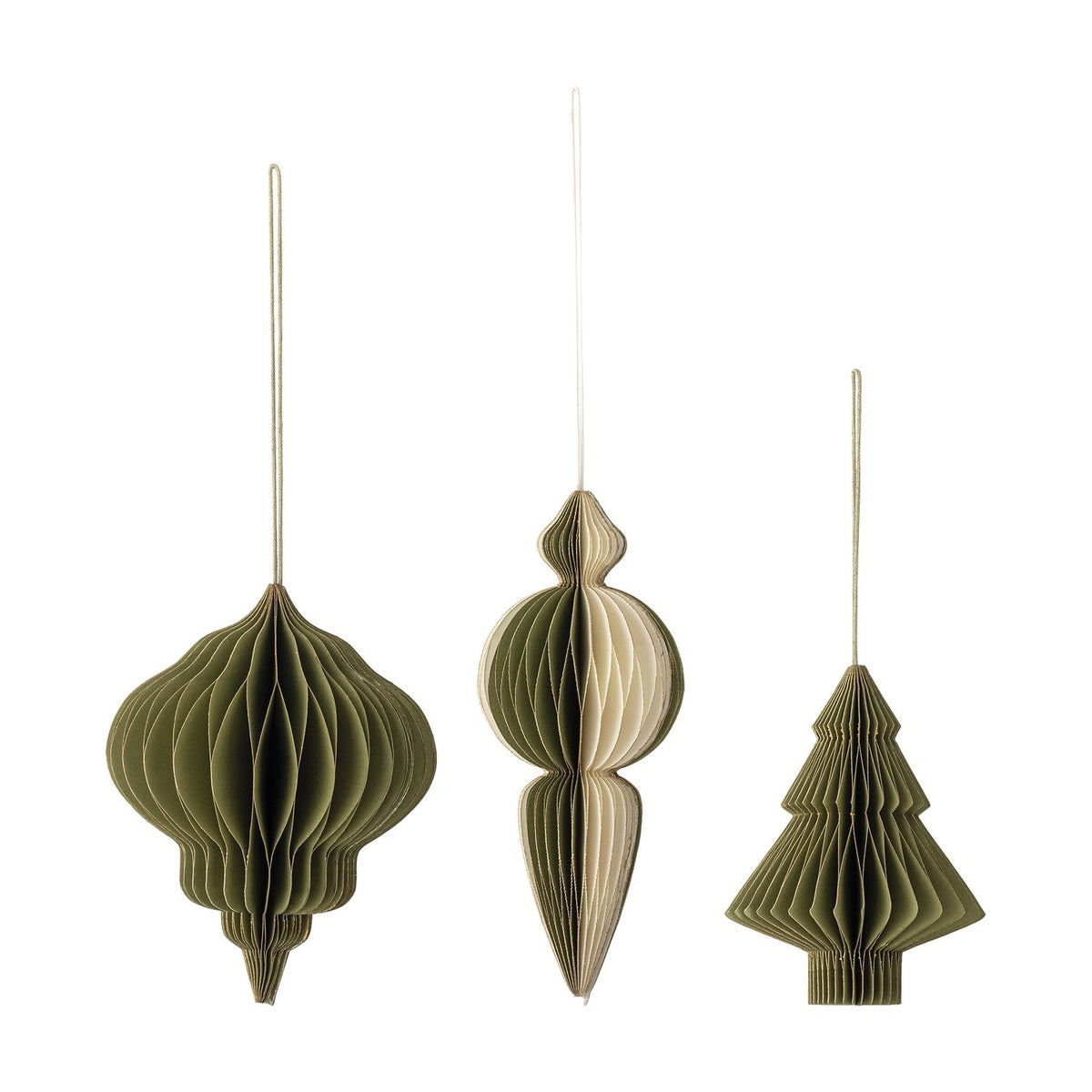 Set of three Tinkle paper Christmas tree decorations in green honeycomb pleats, featuring an onion-dome shape, a slim drop bauble, and a tiered tree, each with a hanging loop on a white background.