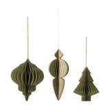 Set of three Tinkle paper Christmas tree decorations in green honeycomb pleats, featuring an onion-dome shape, a slim drop bauble, and a tiered tree, each with a hanging loop on a white background.