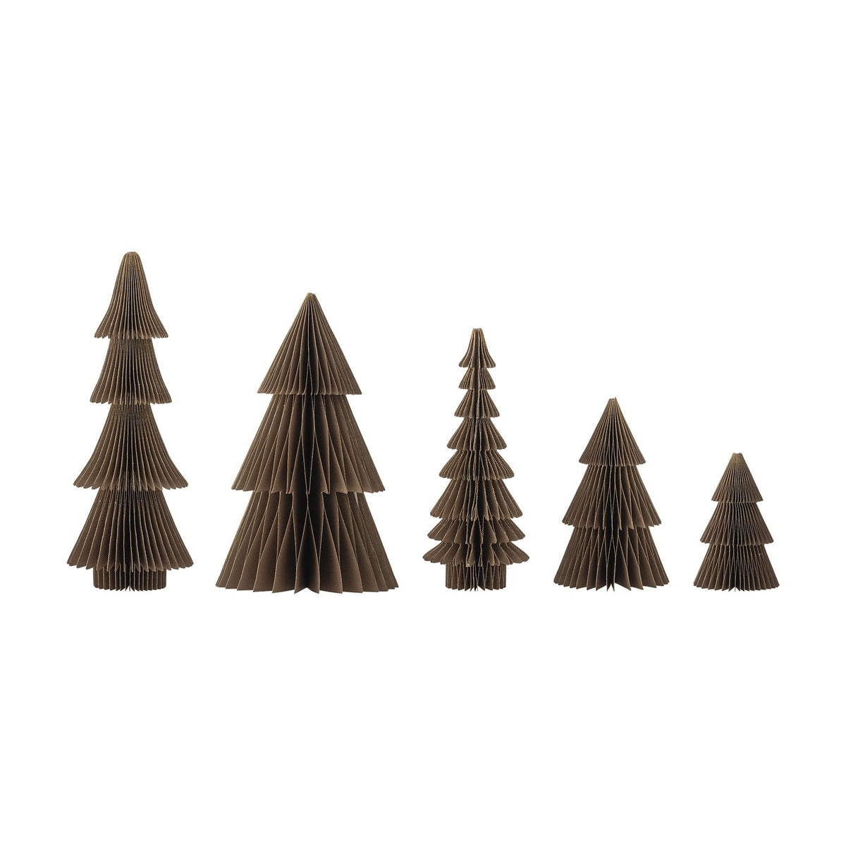 Milan Paper Christmas Decorations Set of 5 in brown, five tiered folded-paper trees of varying heights, Scandinavian style, shown on a plain white background.