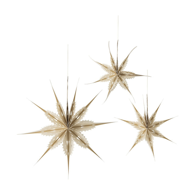 Ilo Paper Christmas Stars Set of 3 in cream, multi-pointed star shapes with notched cut-out edges in one larger and two smaller sizes, shown hanging against a plain white background.