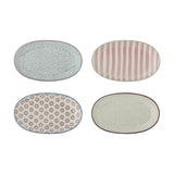 Set of four oval stoneware plates in dotted, striped, and flower patterns with contrasting painted rims in blue, pink, and green, shown on a white background.