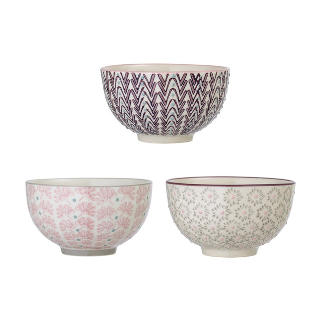 Maya Floral Stoneware Bowls, set of 3, 11.5cm, with chevron, fan-flower, and daisy patterns in pink, purple, and grey on white, shown on a plain background.