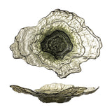 Aiku Glass Bowl 38x29cm in green, a wide shallow dish with irregular rippled edges and layered textured rings deepening to the centre, shown top-down and side-on against a white background.