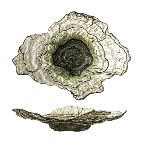 Aiku Glass Bowl 38x29cm in green, a wide shallow dish with irregular rippled edges and layered textured rings deepening to the centre, shown top-down and side-on against a white background.