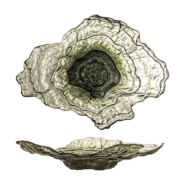 Aiku Glass Bowl 38x29cm in green, a wide shallow dish with irregular rippled edges and layered textured rings deepening to the centre, shown top-down and side-on against a white background.