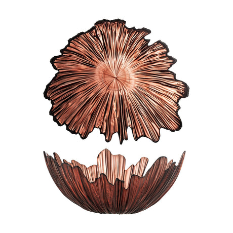 Aila Glass Bowl 31cm in Copper, shown from above and side, with a ridged flower-like design and an irregular wavy rim, on a plain white background.