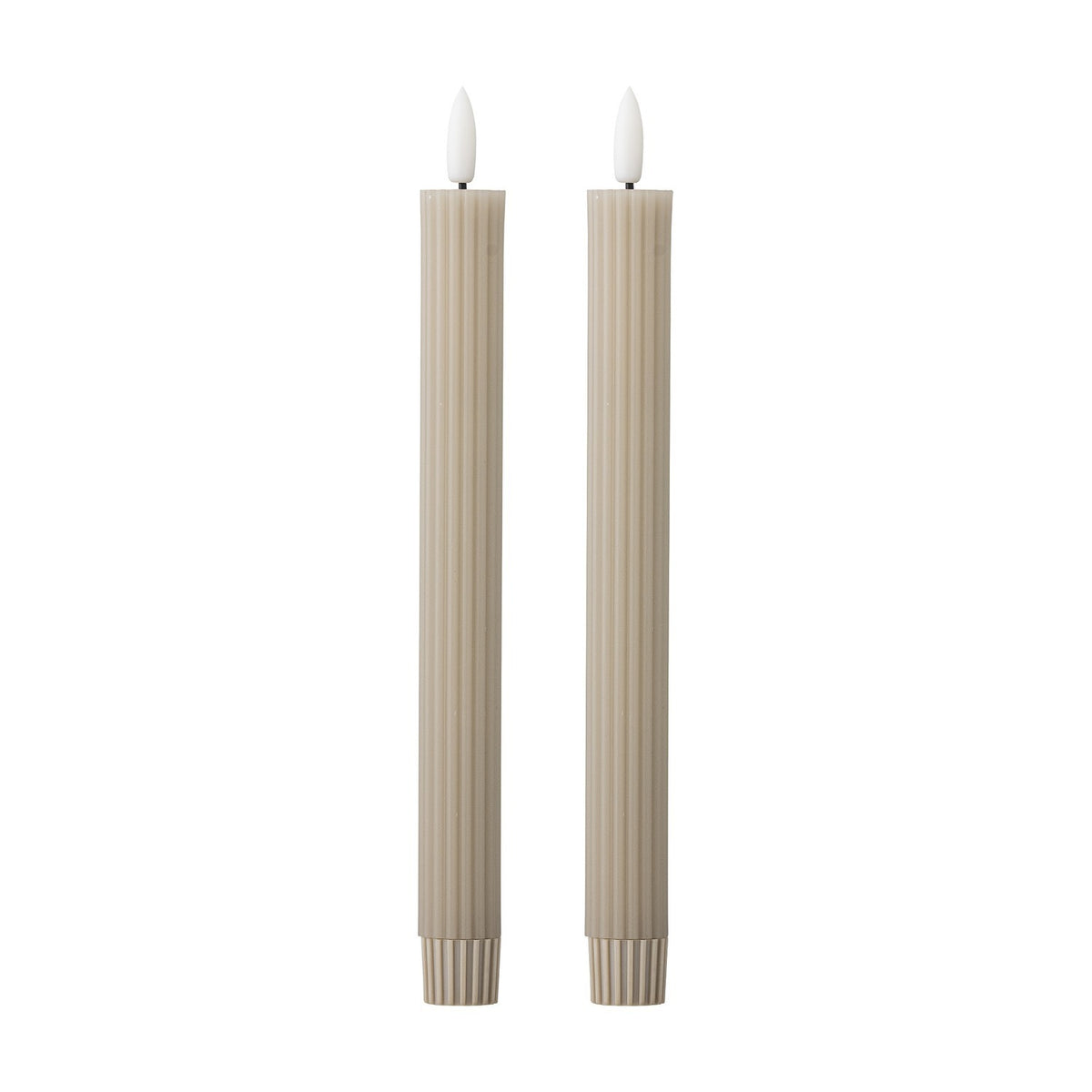 Ponza LED Candles Pack of 2 in beige paraffin wax, tall ribbed columns with flame-shaped white tips, set on a plain white background.
