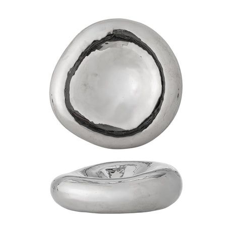 Shine Pebble Stoneware Bowl 18cm in silver, shown from above and in profile with an irregular pebble shape, shallow rounded rim, and mirror-like finish on a white background.