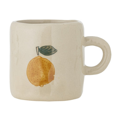 Agnes Stoneware Cup 230ml in cream with a round loop handle, featuring a painted citrus fruit and leaf motif, shown against a plain white background.
