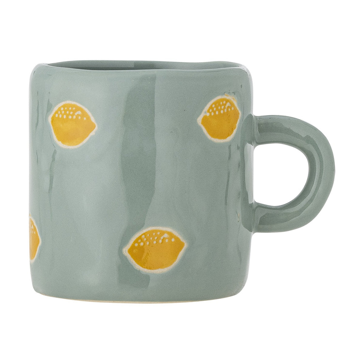 Agnes Stoneware Cup 230ml in green with a glossy ceramic finish and hand-painted yellow lemon motifs, featuring a curved handle, shown on a plain white background.