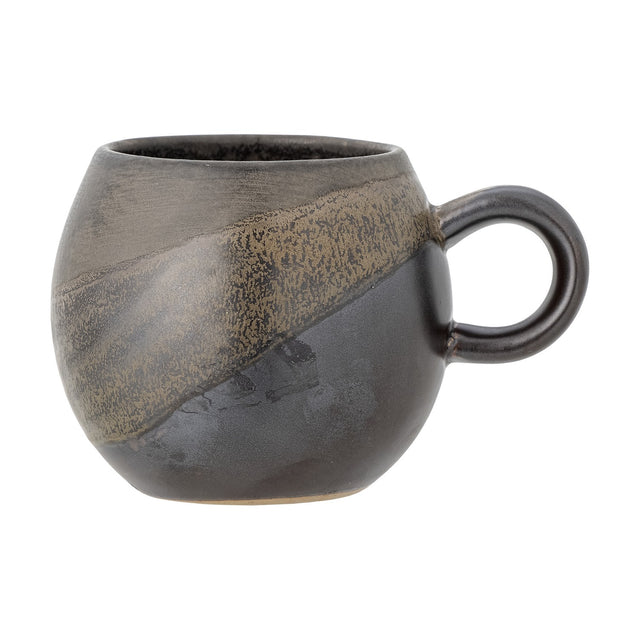 Paula Stoneware Cup in dark brown, round ball-shaped body with a wide loop handle, featuring a diagonal speckled reactive glaze band over a glossier base, shown on a plain white background.