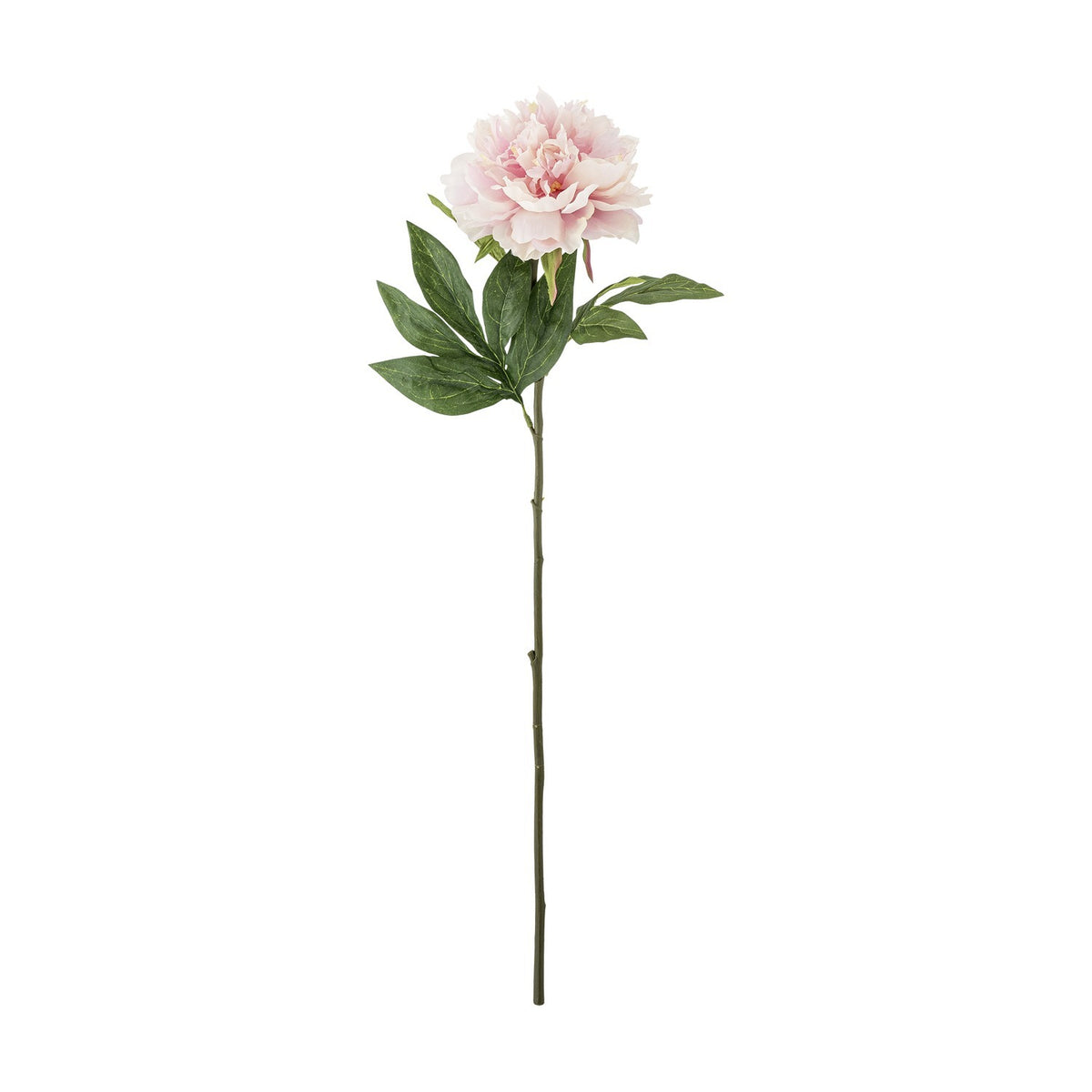 Artificial peony stem with a full pink ruffled-petal bloom, green veined leaves, and a long slender stem, shown against a plain white background.