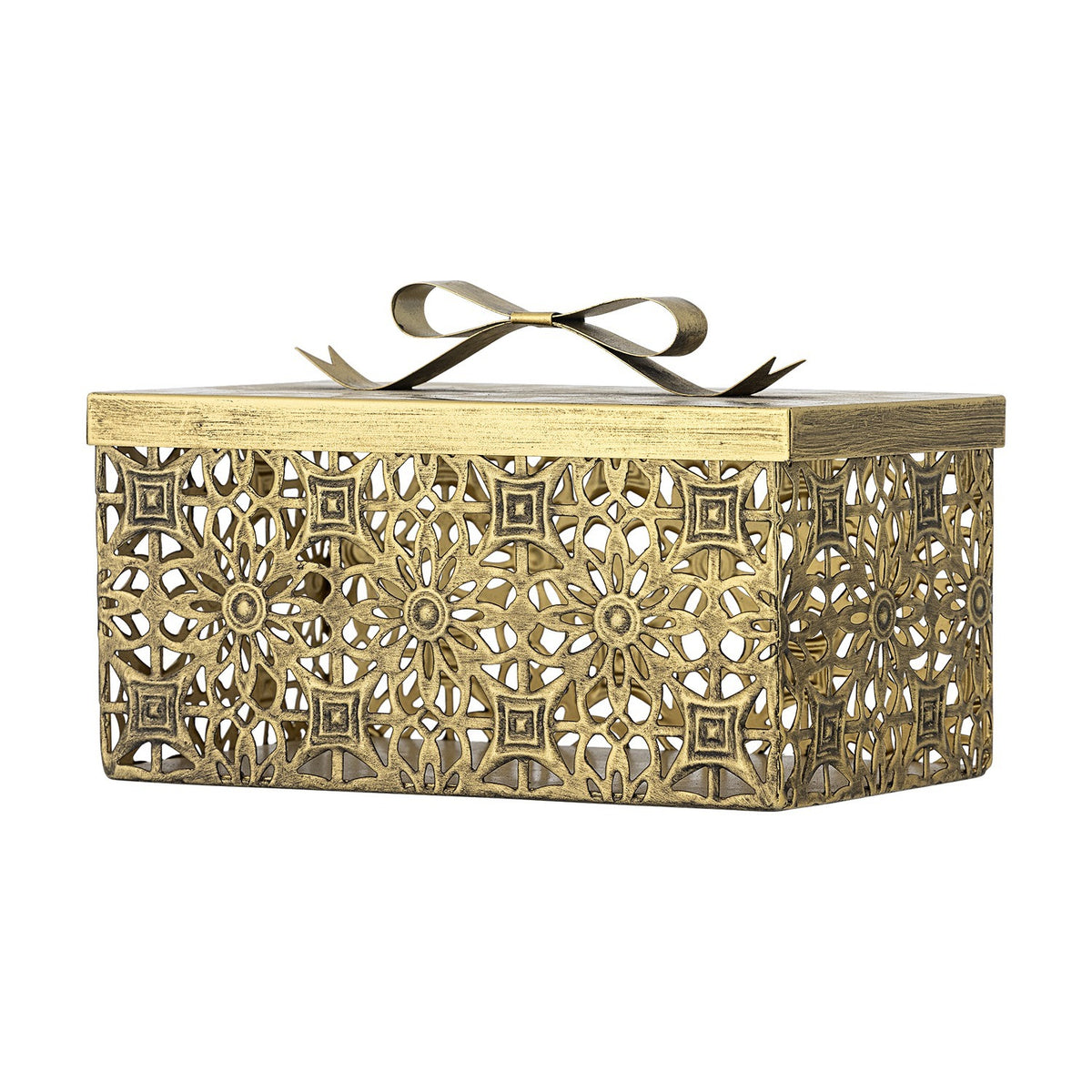 Gretl gold iron Christmas storage box with lid, featuring an openwork floral and geometric panel design and a bow-shaped metal detail on top, shown on a plain white background.