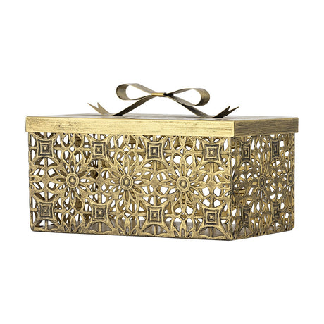Gretl gold iron Christmas storage box with lid, featuring an openwork floral and geometric panel design and a bow-shaped metal detail on top, shown on a plain white background.