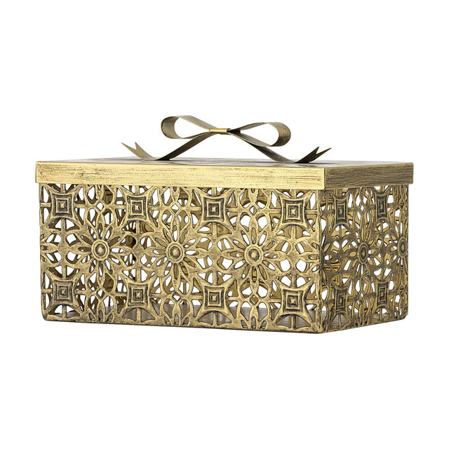 Gretl gold iron Christmas storage box with lid, featuring an openwork floral and geometric panel design and a bow-shaped metal detail on top, shown on a plain white background.