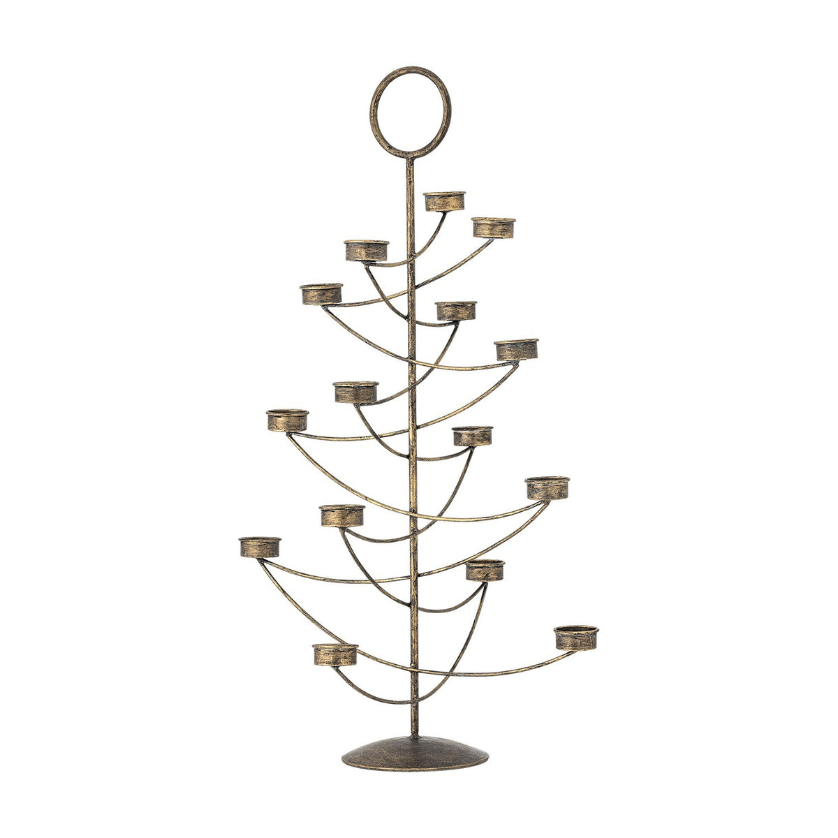 Alani Iron Christmas Tealight Holder in gold, a tree-shaped metal candle holder with staggered curved arms, tealight cups, a ring top, and domed base on a white background.