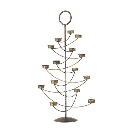 Alani Iron Christmas Tealight Holder in gold, a tree-shaped metal candle holder with staggered curved arms, tealight cups, a ring top, and domed base on a white background.