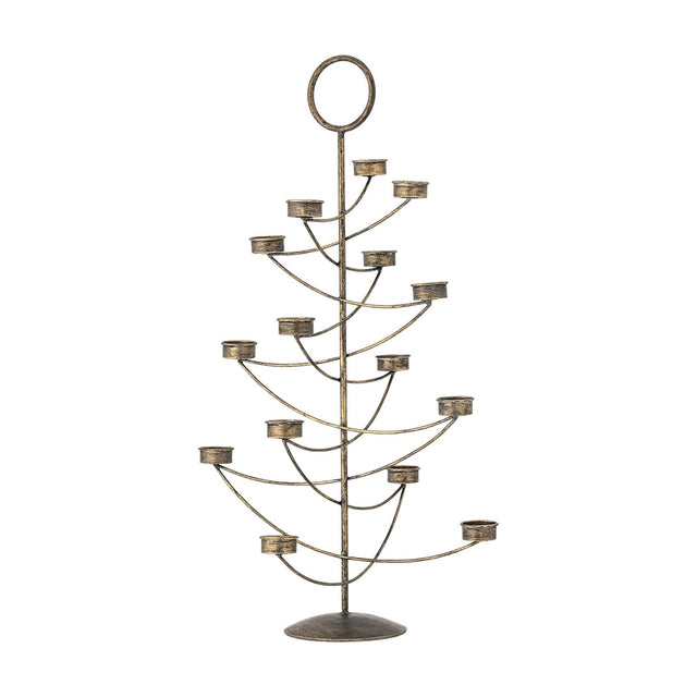Alani Iron Christmas Tealight Holder in gold, a tree-shaped metal candle holder with staggered curved arms, tealight cups, a ring top, and domed base on a white background.