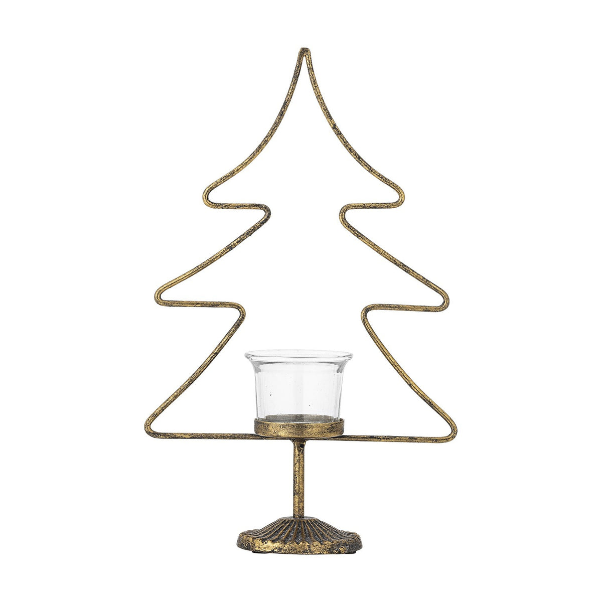 Miki Iron Christmas Tealight Holder in gold, a wire tree-shaped candle holder with a central glass tealight cup on a textured metal base, shown against a plain white background.